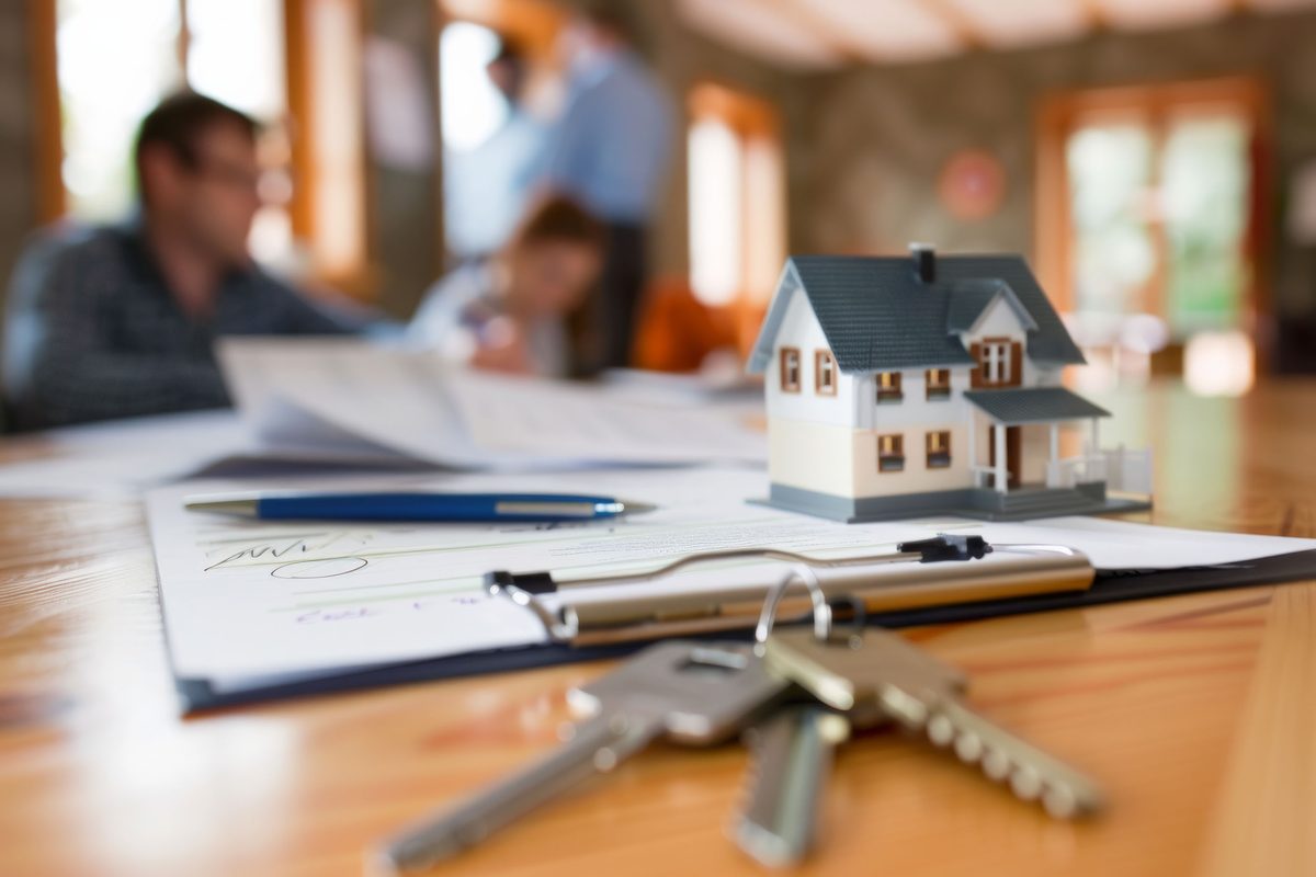 Makler und Immobilieneigentümer besprechen einen Maklervertrag und Verkaufsunterlagen